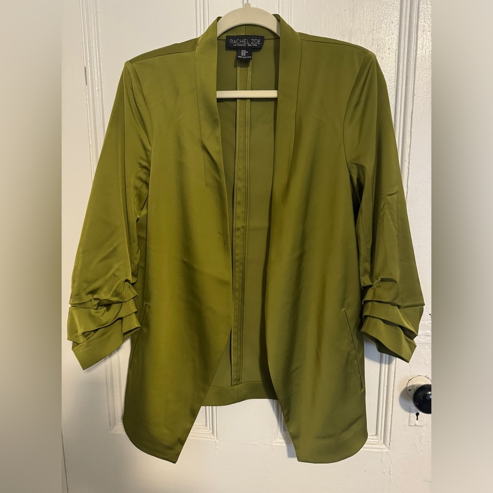 Rachel Zoe Olive Green Satin Open-Front Blazer Jacket